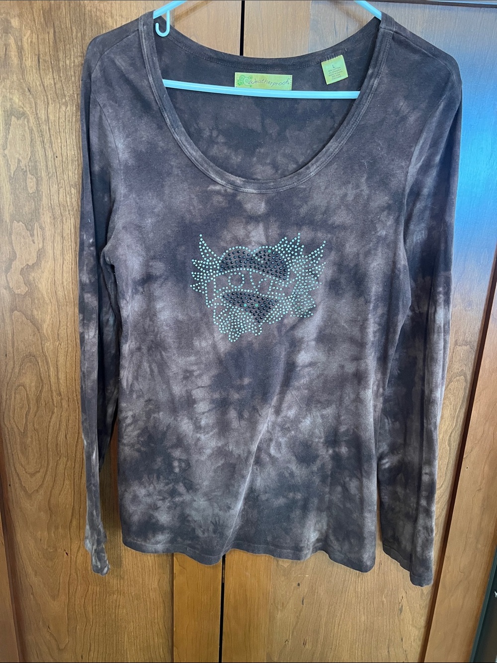 Brown& Black Tie-Dye Long Sleeve Scoop Neck Top with Rhinestone Crest